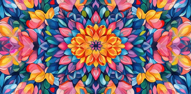 vibrant symmetrical kaleidoscope of layered flower petals and leaves with a glowing central bloom, radiating joyful energy