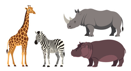 Obraz premium Group of four African wild animals including a tall giraffe, a striped zebra, a large rhinoceros, and a hippopotamus on a white background.