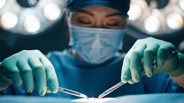 Female Surgeon Performing Operation With Surgical Instruments in Operating Room, Close Up