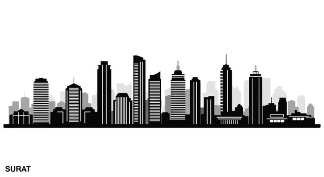 Monochrome illustration of a city skyline with numerous skyscrapers and buildings against a white background, labeled Surat.