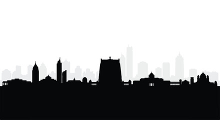 Obraz premium Silhouette of a city skyline with modern buildings against a white background, featuring a range of high-rise structures in black and gray.