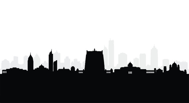 Silhouette of a city skyline with modern buildings against a white background, featuring a range of high-rise structures in black and gray.