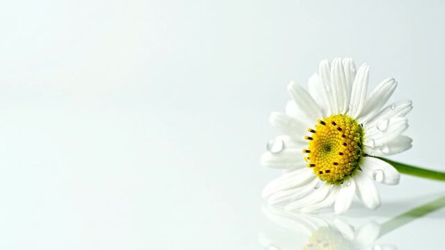 White background with tiny wildflower and subtle reflection modern minimal composition clean style