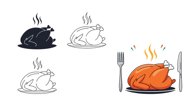 Set of cooked turkey or chicken illustrations including simple icons and a full plate with a knife and fork for Thanksgiving dinner themes.