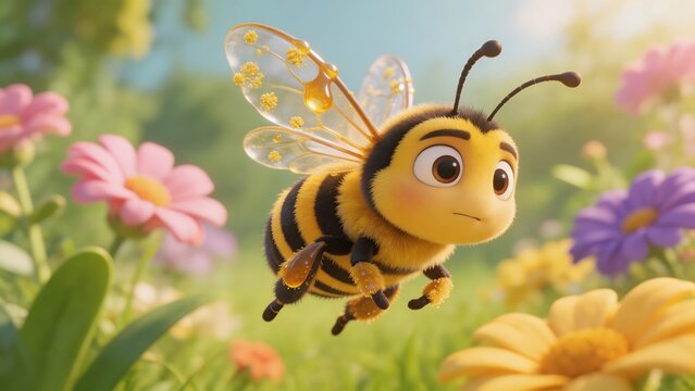 Cartoon bee flying among flowers