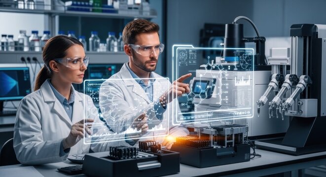 Two scientists working in a laboratory with holographic screens and advanced equipment.