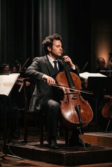 Fototapeta premium Cellist playing classical music on cello with dramatic studio lighting