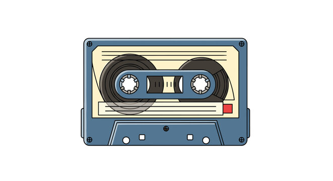 Detailed vector illustration of a vintage blue audio cassette tape with realistic tape reels and labels isolated on a white background.