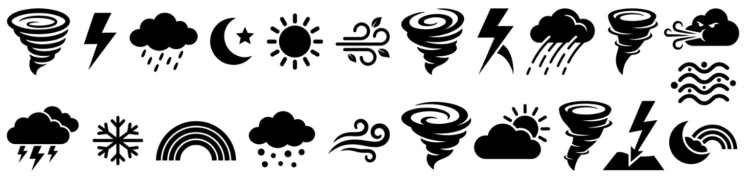 A collection of black weather icons representing tornadoes lightning rain snow sun wind moon and rainbows against a white backdrop symbols storm clouds forecast meteorology