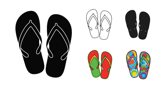 Collection of flip-flops in various styles including black silhouettes, outline drawings, and colorful patterned versions on a white background.