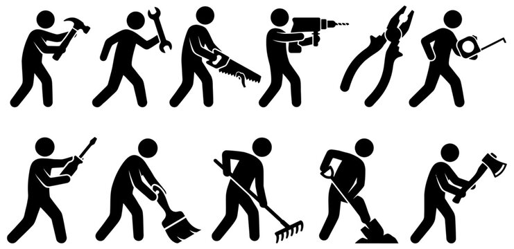 A collection of stick figure icons representing people using various hand tools and performing manual labor tasks including hammering sawing and digging handyman worker construction