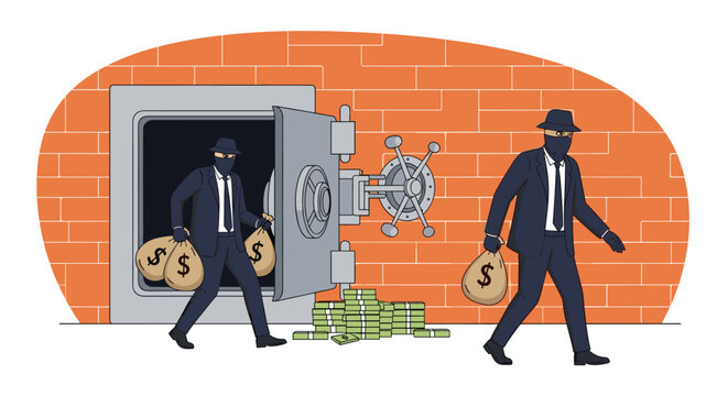 Two bank robbers in suits and masks escaping a large metal vault with bags of money and leaving stacks of cash on the floor.