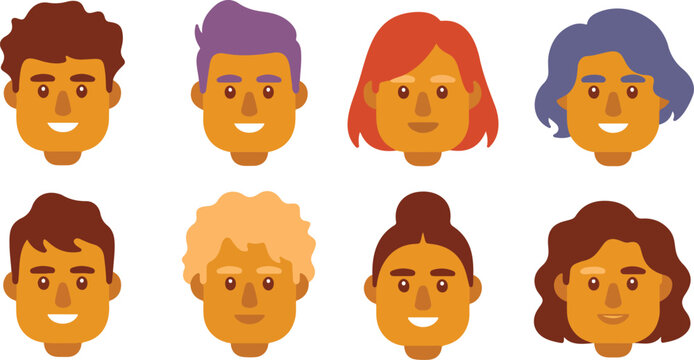 Minimalist cartoon avatar set of eight diverse characters in 2x4 grid with colorful hairstyles on white background