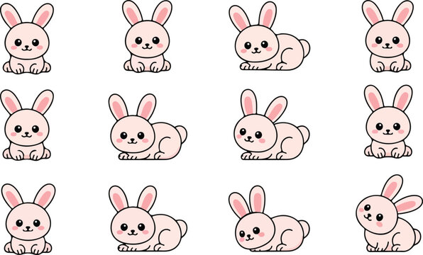 Minimalist kawaii cartoon illustration set of twelve cute pink bunny characters in 3x4 grid on white background