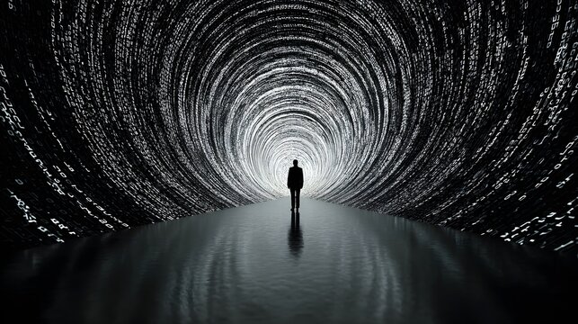 Backlit human shadow facing a digital wall while streams of code swirl dynamically in circular motion, reflections on floor, high contrast minimal background, technology concept, ultra detailed
