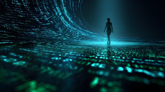 Silhouette of a person standing in dark environment with glowing programming code spiraling around the body, neon blue and green characters floating in air, cinematic lighting, futuristic cyber