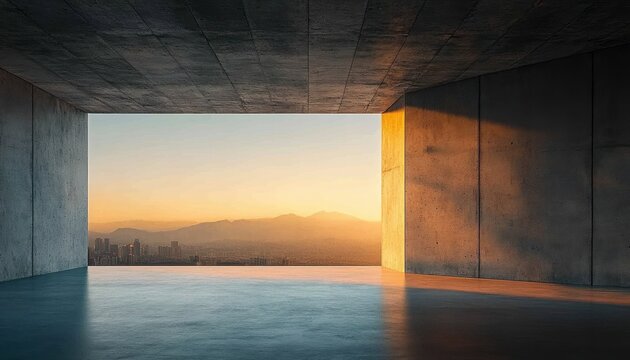 Minimal concrete space with open rectangular frame and calm reflective pool overlooking city skyline and distant mountains at golden sunrise, serene and contemplative