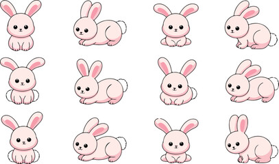 Obraz premium Minimalist kawaii cartoon illustration set of twelve cute pink bunny characters in 3x4 grid on white background