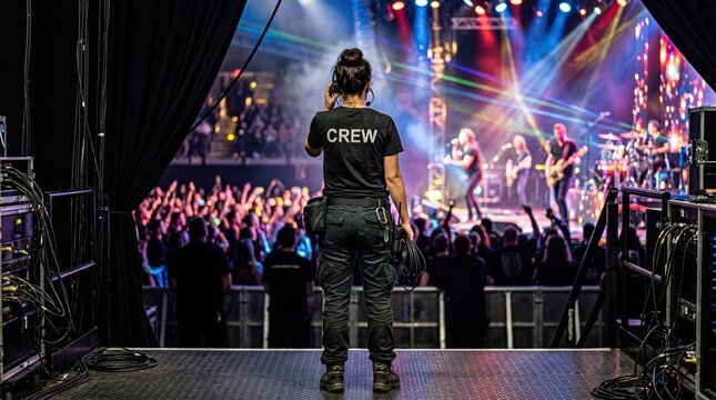 Backstage crew member watching concert stage with blurred lights and performers
