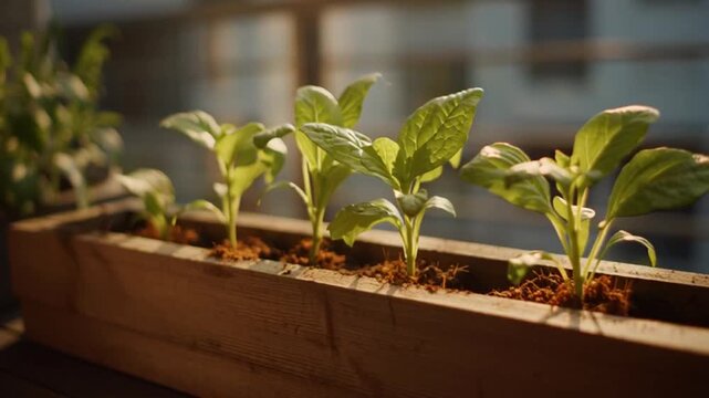 Young green plants in a wooden planter