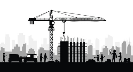 Obraz premium Urban construction site silhouette featuring a large crane and building workers against a city skyline background.
