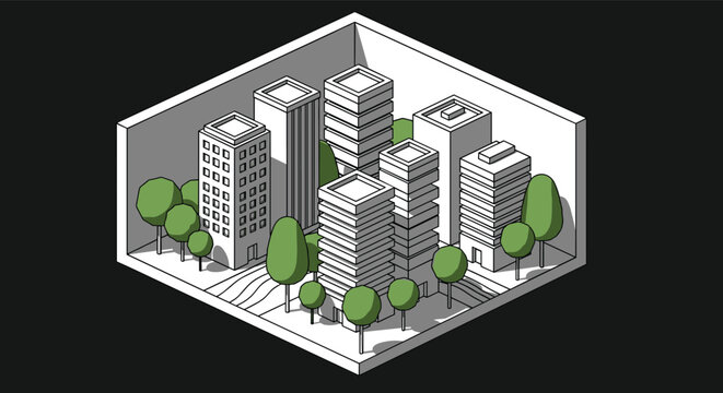 Isometric 3D city block model featuring multiple skyscrapers and green trees on a dark background for urban design.