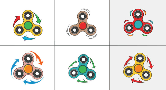 Diverse collection of colorful fidget spinner toys in various designs and styles shown in six separate panels.