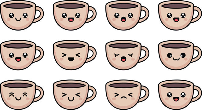 Kawaii coffee cup emoji set of twelve expressive cups in 3x4 grid minimalist cartoon sticker style illustration