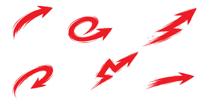 Six dynamic red arrows with motion blur and curved shapes on a white background.