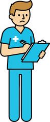 Fototapeta premium Male nurse writing on clipboard, medical professional in blue scrubs, vector illustration isolated on White Background
