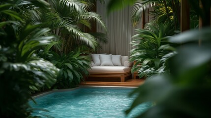 Fototapeta premium Lush green leaves frame a tranquil pool