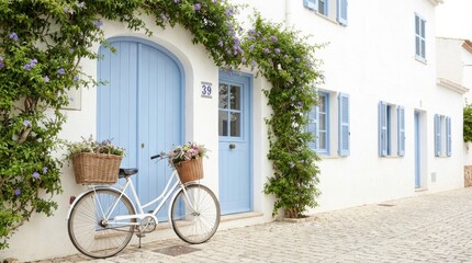 Fototapeta premium A charming scene of a white house with blue doors, shutters, and a bicycle with a basket of flowers parked in front