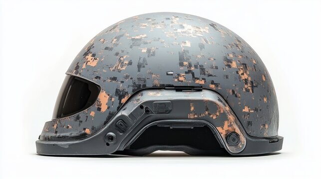 Worn futuristic tactical helmet with scuffed matte gray shell, pixelated copper chipping, integrated dark visor and mounting rails, battle-worn resilient protective gear