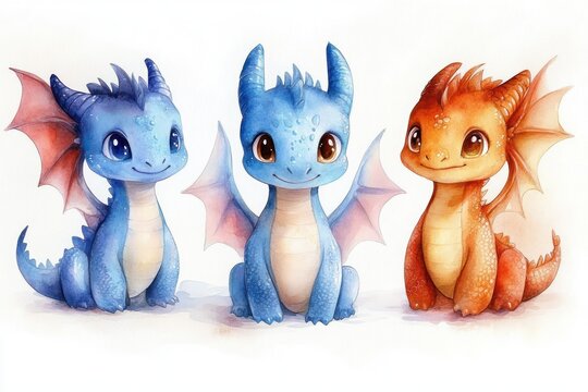 three adorable baby dragons sitting side by side, two blue and one orange, with tiny wings, small horns, scaly tails and big glossy eyes, smiling with a playful gentle expression