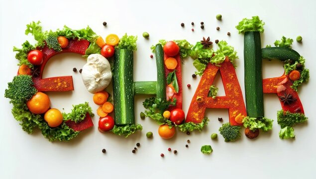 vibrant playful word composed from fresh vegetables and spices: zucchini, lettuce, cherry tomatoes, garlic, broccoli, carrot slices, mandarins and peppercorns on white background