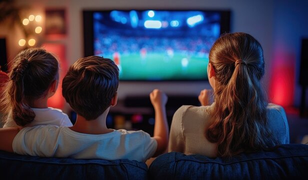 three people on a couch watching a live soccer match on a big tv in a cozy living room, cheering with raised fists, excited and together