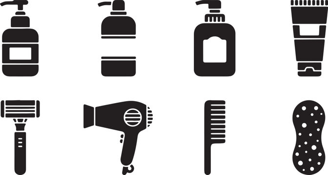Black Solid Bathroom Toiletries Silhouettes Set of Six on White Background