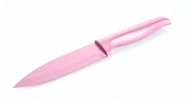 A single pink kitchen knife with a smooth handle and sharp blade on a white background