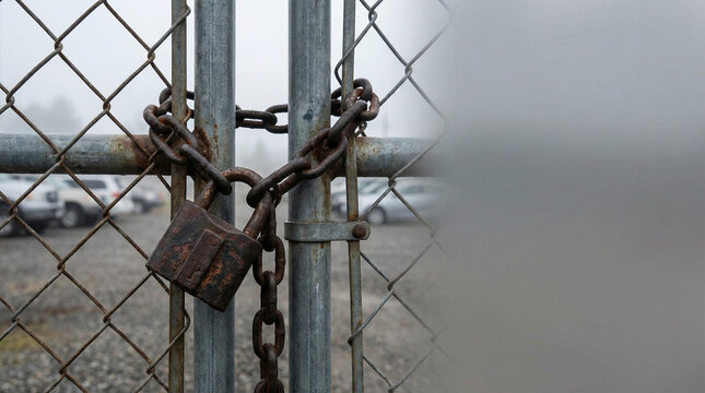 Repossessed vehicle lot with chain-link fence and rusty padlock, overcast sky, rows of cars visible through metal barrier, moody and secure atmosphere