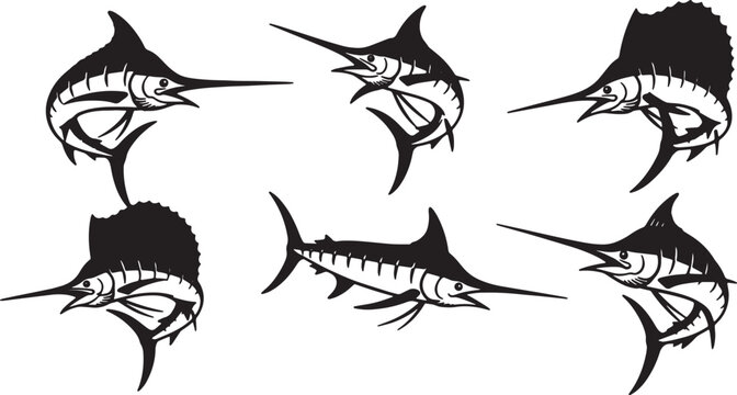 Black Solid Swordfish and Marlin Silhouettes Set of Six on White Background