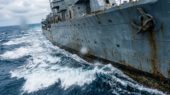 Rustic naval ships enforcing a blockade on turbulent seas under a cloudy sky, showcasing rugged textures and dynamic ocean waves