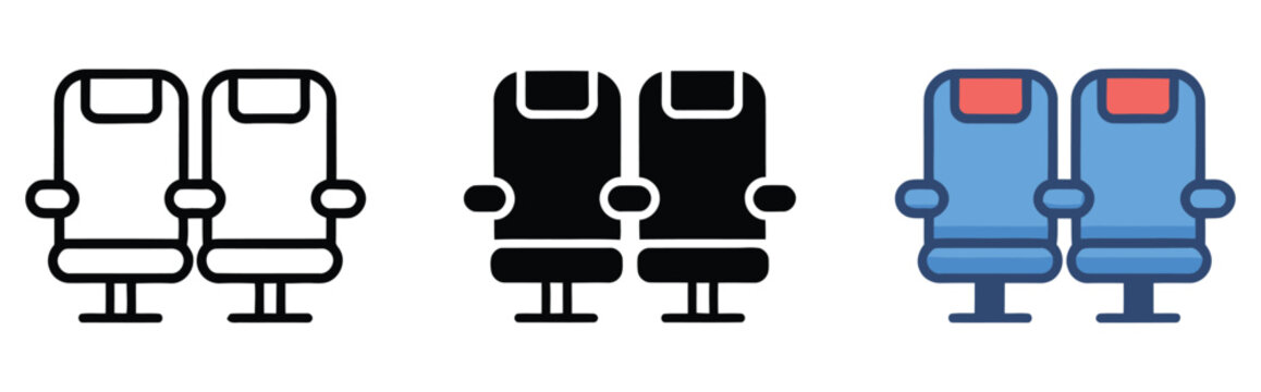

Three variations of a cinema or airplane seat icon in different colors, seating symbol collection, modern flat design, transportation and entertainment concept, colorful  icons for booking systems