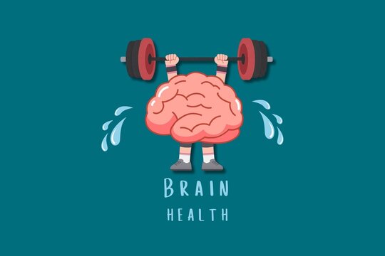A vibrant, flat-style vector illustration featuring a pink human brain character lifting a heavy barbell over its head. Sweating and showing effort, the character represents the concepts of cognitive 