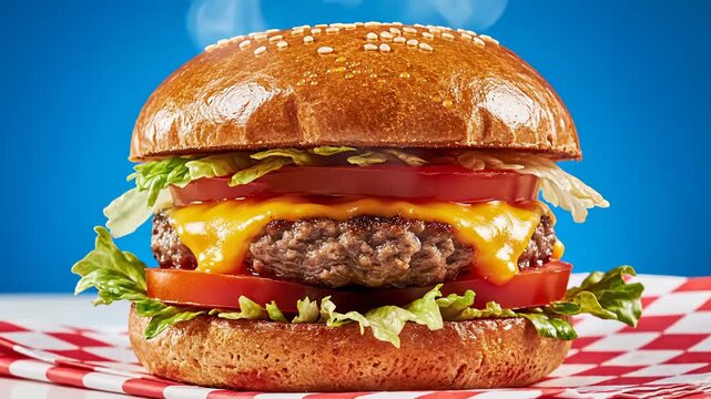 Juicy Cheeseburger With Melted Cheese, Lettuce, and Tomato on a Sesame Seed Bun, Studio Shot