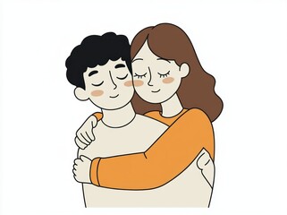 Obraz premium Two people in a warm embrace, eyes closed and smiling in contentment; one with curly dark hair and the other with long brown hair wearing an orange sweater, peaceful and affectionate