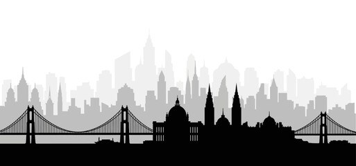 Obraz premium Monochrome layered city skyline silhouette with bridge and historical buildings for urban atmosphere and design