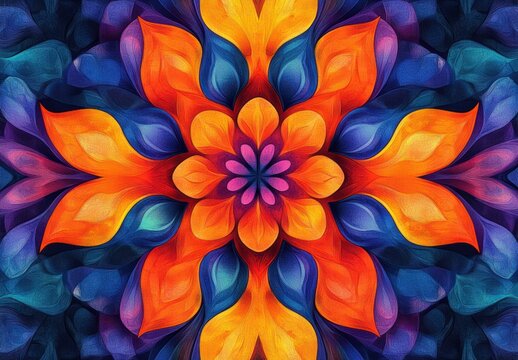 vibrant symmetrical mandala flower of layered orange, blue and purple petals with textured painterly strokes radiating energy and warmth