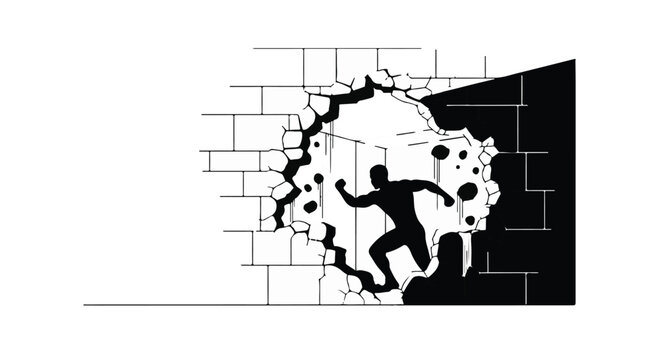 Silhouette of a person breaking through a brick wall into darkness, symbolizing overcoming obstacles and new beginnings.