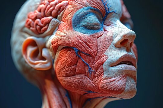 Close-up anatomical view of a human head with exposed facial muscles, blue veins and brain, closed eyes and a calm, serene expression