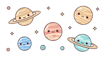 Cartoon planets with smiling faces. © mukti